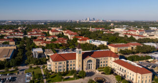 Aerial view of The Harrison, with the Fort Worth skyline in the distance, October 15, 2025. Drone photography by James Anger.