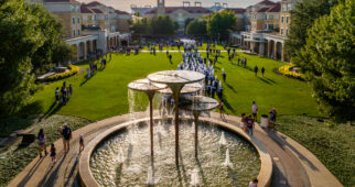 Aerial view of the Campus Commons before TCU football's Family Weekend game against Abilene Christian University, September 13, 2025. The Horned Frogs defeated the ACU Wildcats 42-21. Drone photography by James Anger.